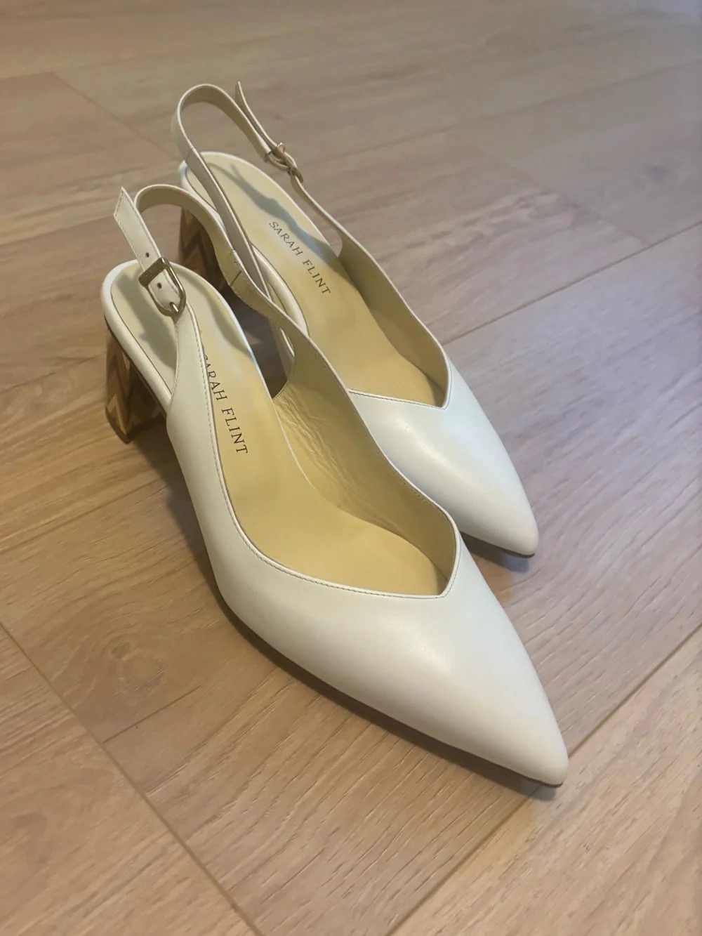 Sarah Flint White Pointed-Toe Slingback Pumps with Patterned Block Heel-Size 9